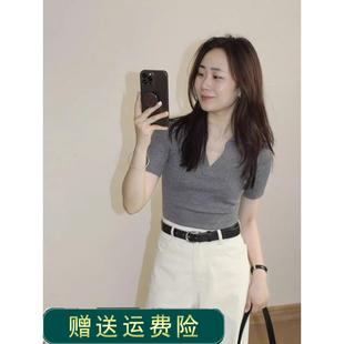 黑色正肩V领冰丝针织短袖T恤女夏季小个子修身短款POLO衫半袖上衣