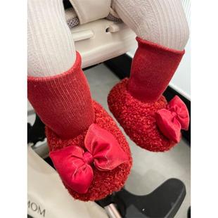 婴儿鞋加绒鞋袜0-3-6-9-12个月女宝宝喜庆红色步前鞋加厚不掉跟鞋