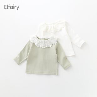 Elfairy女童T恤长袖宝宝打底衫女婴儿衣服儿童花边领上衣纯棉春装