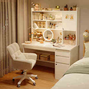 电脑桌梳妆台一体卧室简约现代书桌化妆桌二合一化妆柜镜床边书架