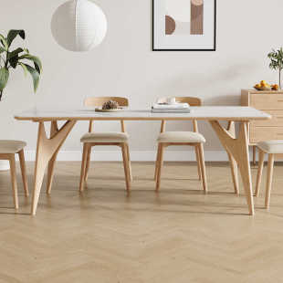 奶油风岩板餐桌白蜡木原木色家用小户型现代简约长方形餐桌椅组合
