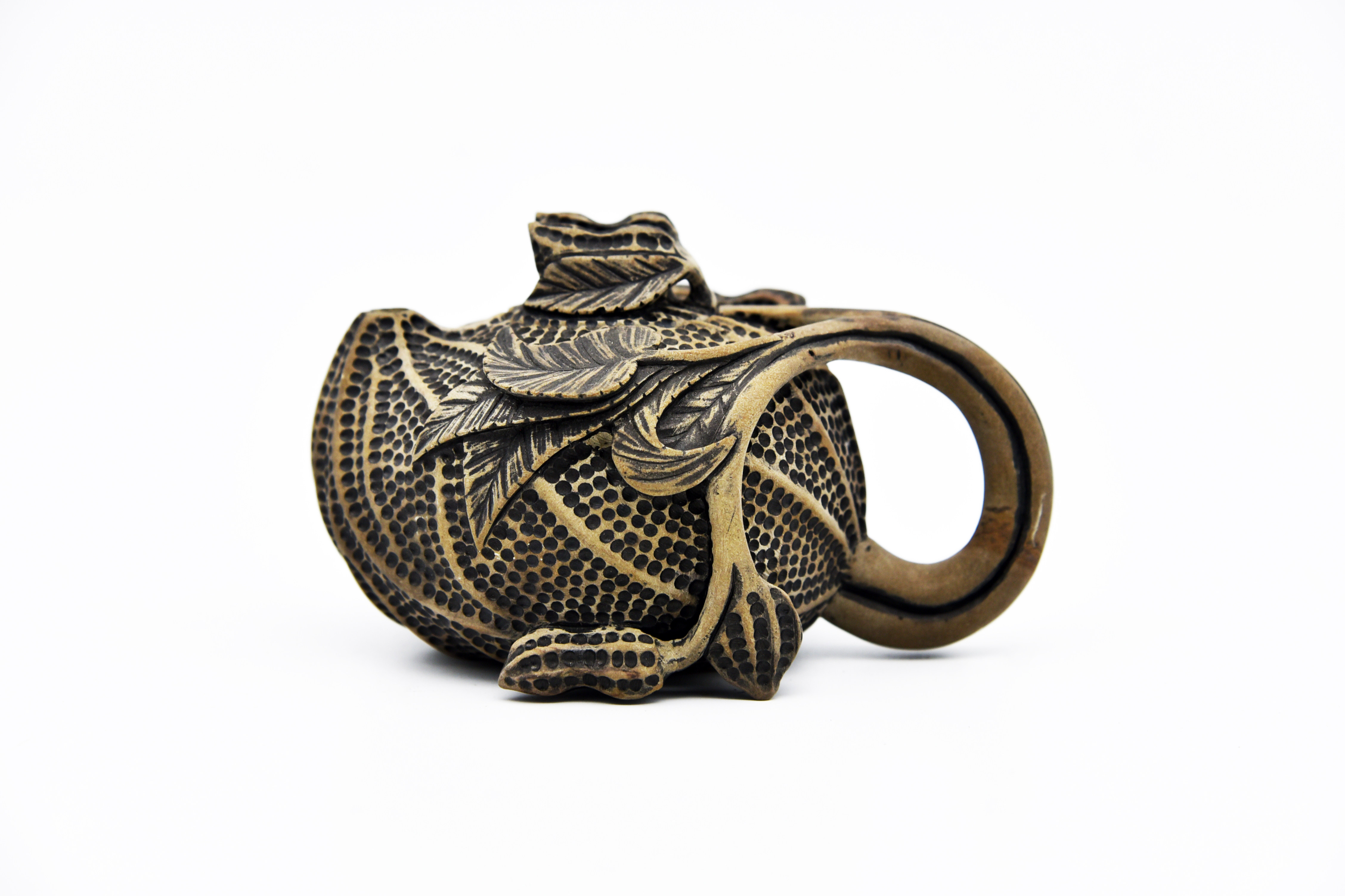 藏书澄泥石雕长生果茶壶