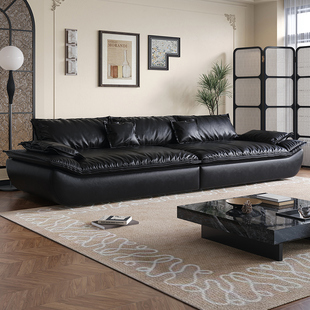 帆船沙发真皮超宽坐深客厅头层牛皮意式极简沙发法式复古黑色沙发