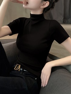 推荐冰丝黑色短袖T恤女春款薄款洋气减龄修身显瘦半高领针织体恤