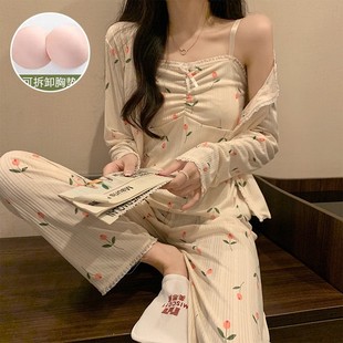 春秋睡衣女2024新款长裤吊带背心夏天可外穿带胸垫三件套装家居服