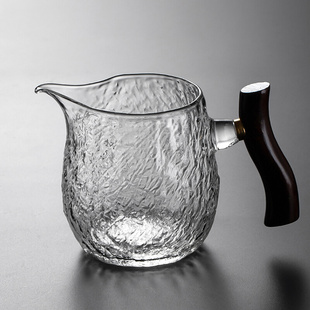 日式加厚锤纹玻璃公道杯高端分茶器带手柄木把茶海单个大容量茶具