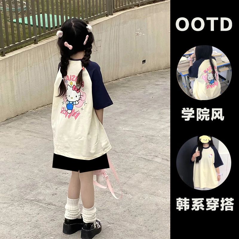 单/套装夏季衣服女学生学院风插肩宽松短袖t恤休闲阔腿裤子两件套