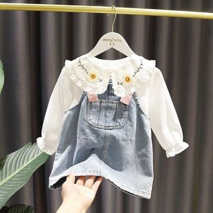 巴拉巴柆韩系女童牛仔套装宝宝春装新款婴儿娃娃衫背带裙两件套儿