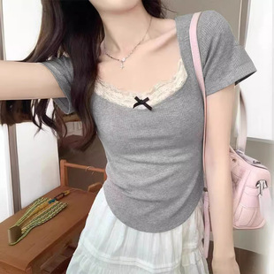 蕾丝花边纯欲短袖t恤女2024夏季新款低领修身设计感短款上衣