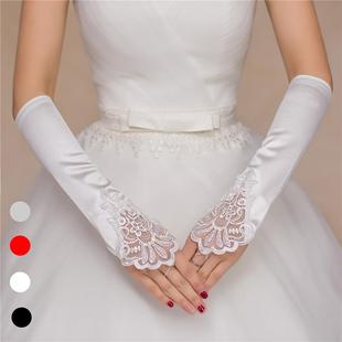 新娘手套无指小花平板绣花缝珠手袖婚纱礼服红色白色黑色婚庆手套