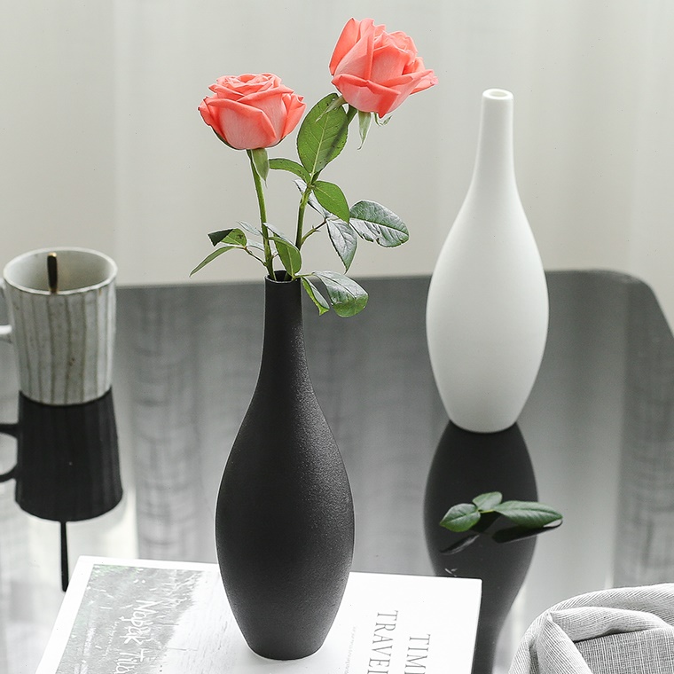 【方物志】现代简约黑色陶瓷花瓶创意小口白色花插装饰品家居摆件
