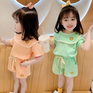 巴拉巴柆韩系女中小童夏季套装2021夏款韩版可爱笑脸短袖T恤衫+短