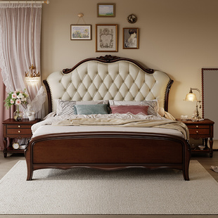 。欧式美式复古轻奢真皮软包2x2米实木大床双人床主卧简约现代1米