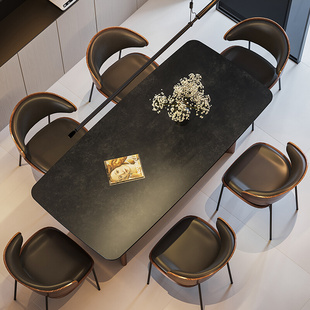 复古风黑胡桃色实木餐桌椅组合侘寂风长方形小户型岩板黑色餐桌