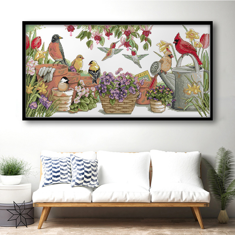 欢乐99新品十字绣花园小鸟乐聚图客厅卧室花卉系列装饰画