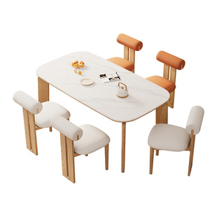 。原木奶油风白蜡木岩板实木餐桌椅组合大小户型家用长方形白色饭