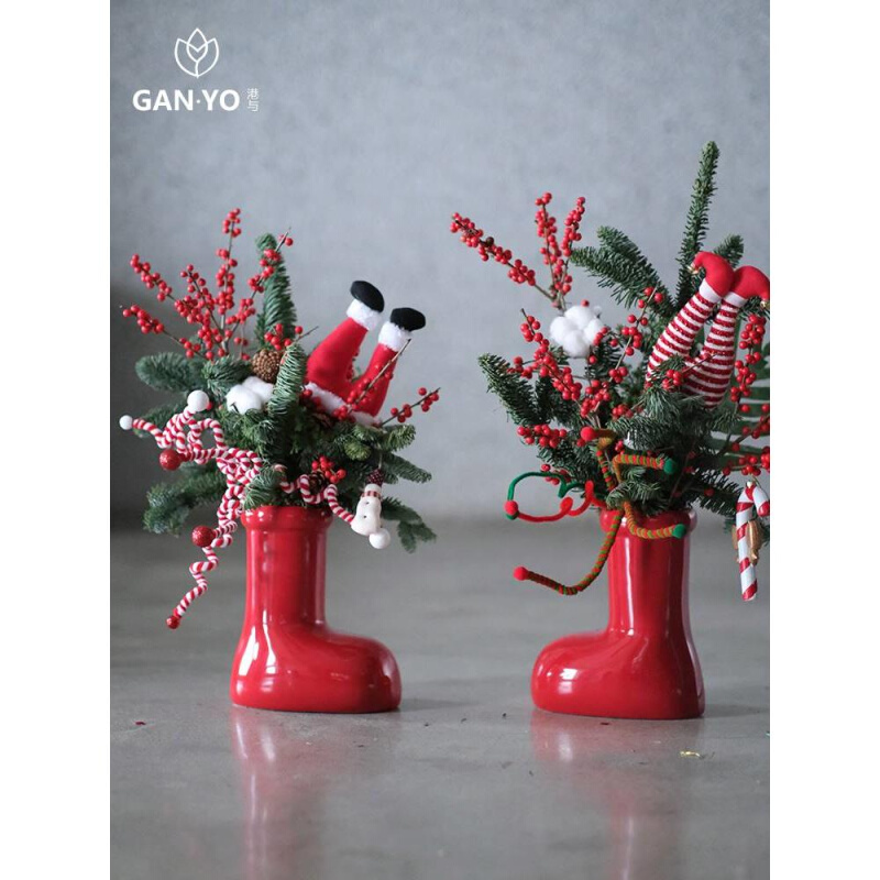 。港与 圣诞小红靴花瓶小众创意陶瓷花瓶花艺花店花瓶家居装饰摆