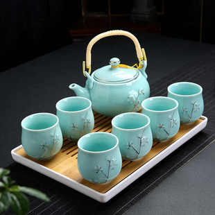 茶具套装家用陶瓷杯提梁茶壶现代简约6只装大杯子冷水壶干泡茶盘