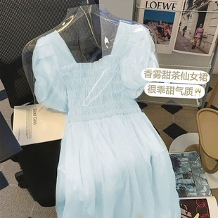 茶歇法式蓝色连衣裙女夏季高级感气质长裙收腰显瘦温柔风仙女裙子