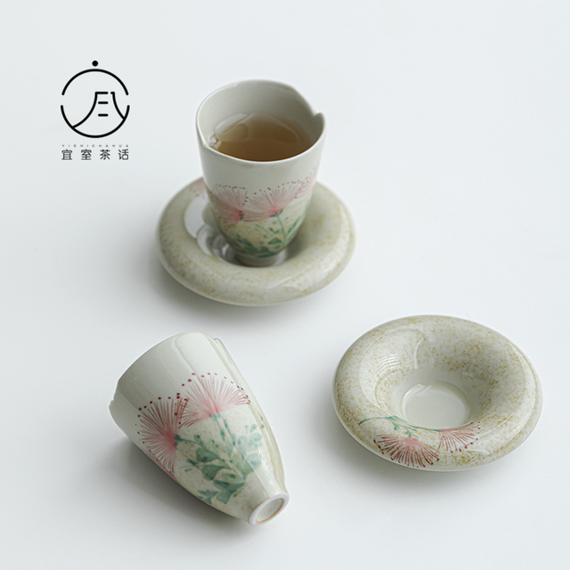宜室茶话纯手绘蒲公英高足花瓣茶杯单个陶瓷主人杯家用茗杯茶具