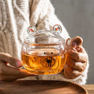 茶水分离茶杯女泡茶可爱高颜值小熊玻璃杯带把花茶杯过滤杯子喝茶
