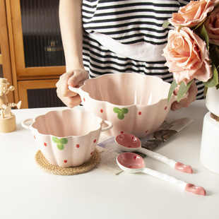 草莓粉双耳汤碗家用大容量螺蛳粉碗可爱少女心宿舍泡面碗勺高颜值