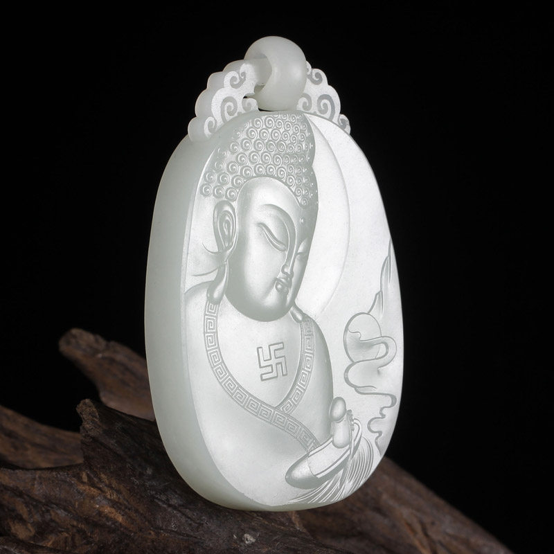 玉雕大师黄铭作品 和田玉 白玉籽料 59g如来佛玉牌挂件 质地细润