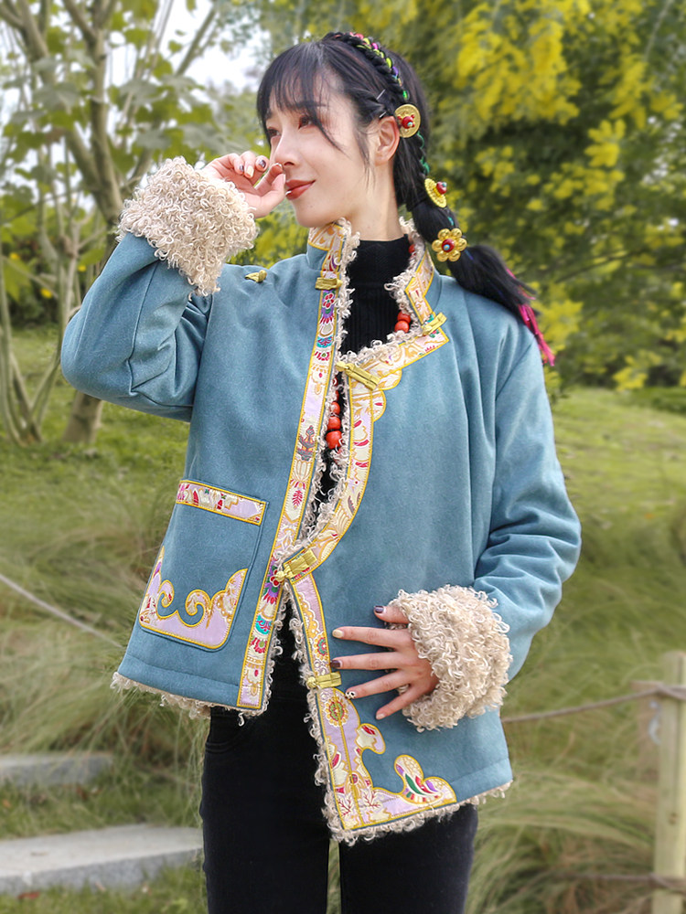 冬季藏式外套女西藏族服装藏袍绣花长绒保暖藏装上衣拉萨服民族风