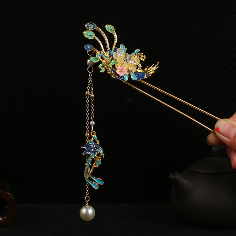 抖音新款古风景泰蓝发钗发簪子古装发饰品烧蓝凤头钗复古流苏步摇