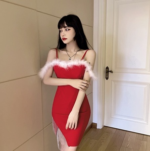 Sexy tassel suspender fur stitching christmas baby tight hip dress