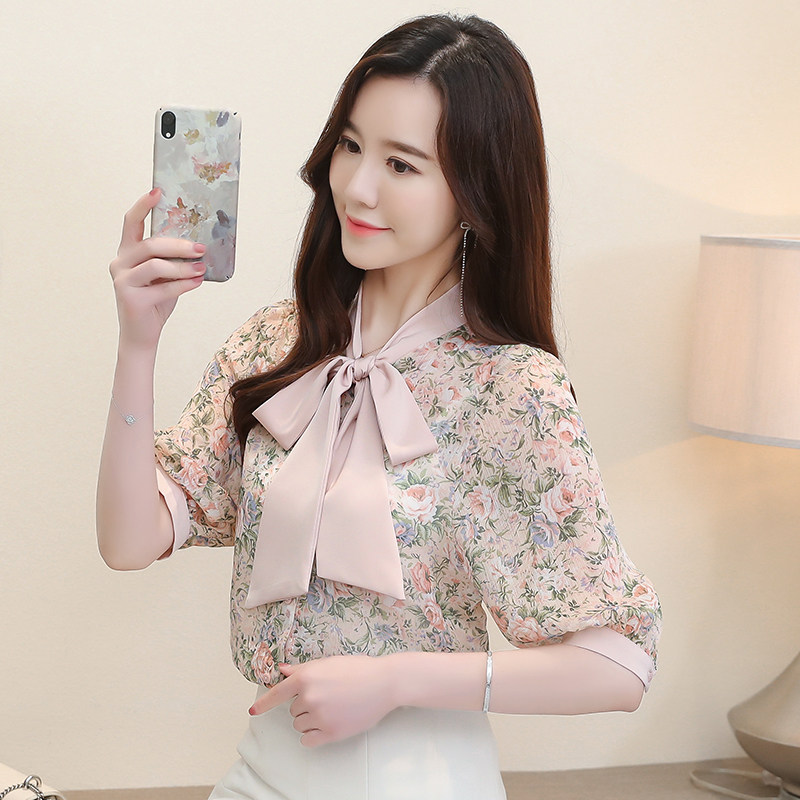 熙雨韩2020夏小清新花朵印花五分袖拼色蝴蝶结领结韩版气质上衣女