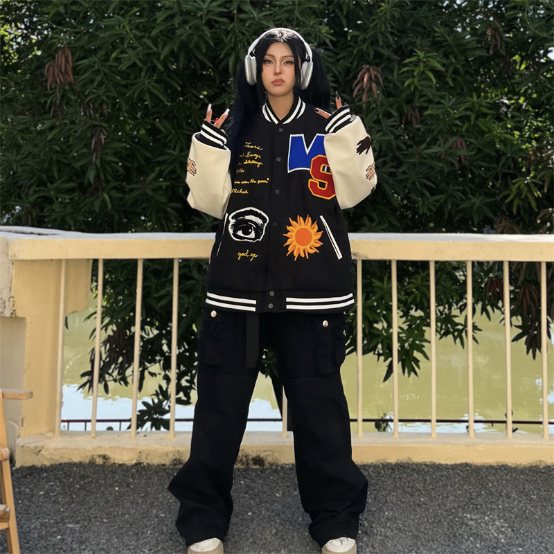 saint michael高街美式刺绣字母植绒夹克外套小众潮牌男女棒球服