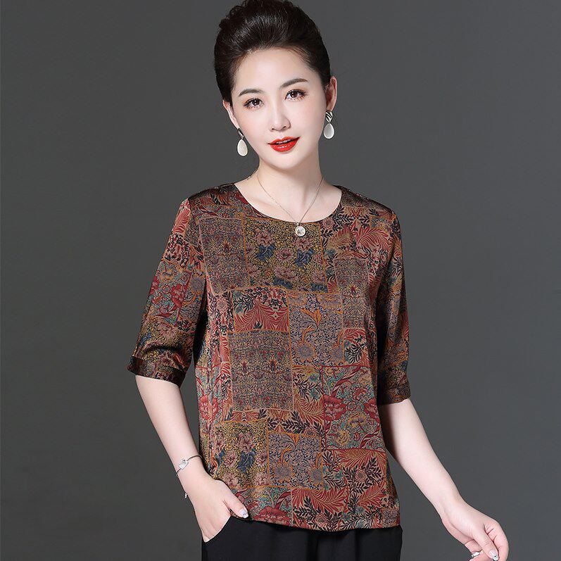 真丝香云纱妈妈夏季新品圆领t恤衫短袖套头桑蚕丝中老年女装上衣