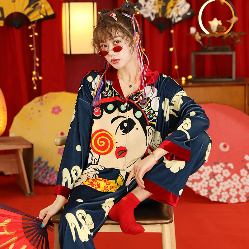 金丝绒睡衣女春秋季网红长袖长裤宽松两件套装冬国潮中国风家居服