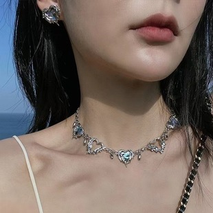 新款欧美金属熔岩不规则爱心镂空项链简约深蓝色贝壳银针耳钉颈链