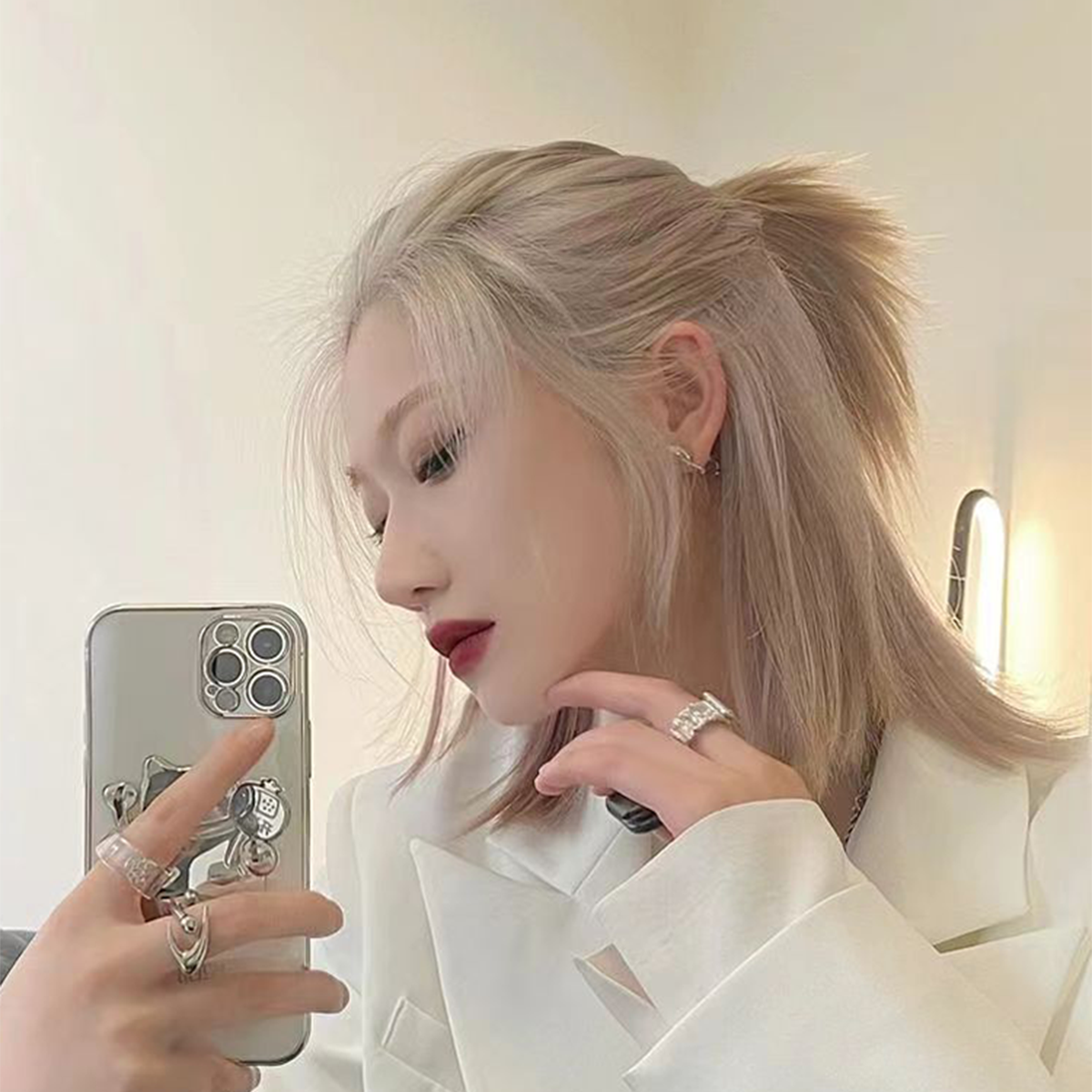 假发男米白色武士头中长发狼尾网红同款鲻鱼头帅气自然蓬松全头套