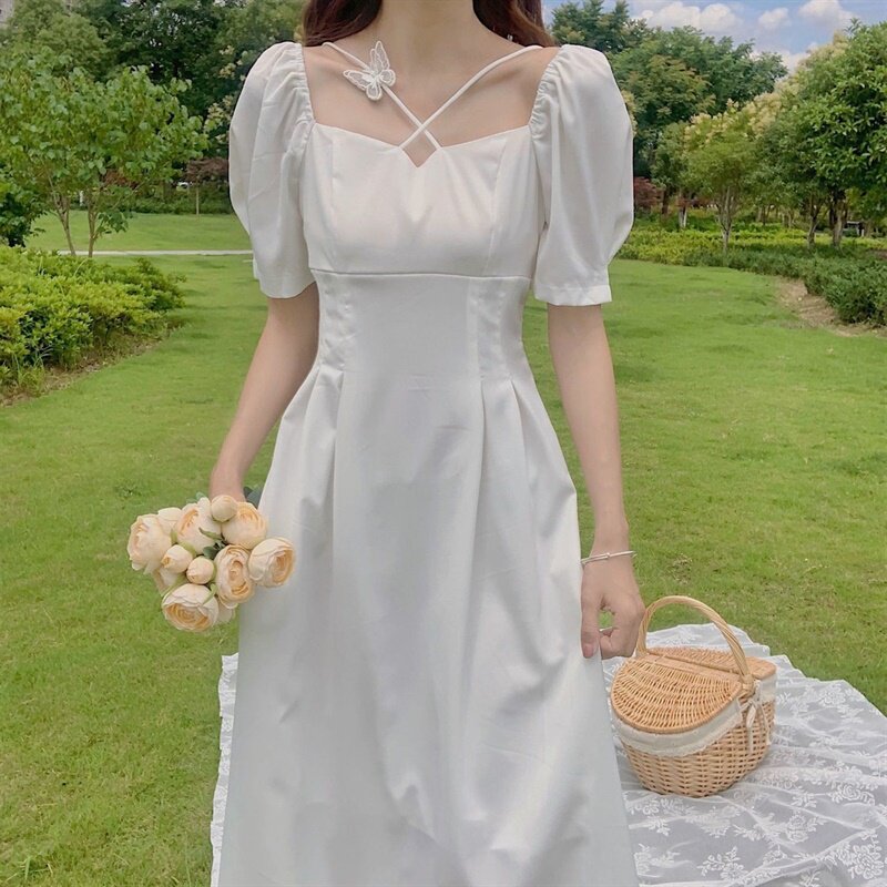 夏天chic白色初恋连衣裙女2022年新款女装夏款法式茶歇气质中长裙