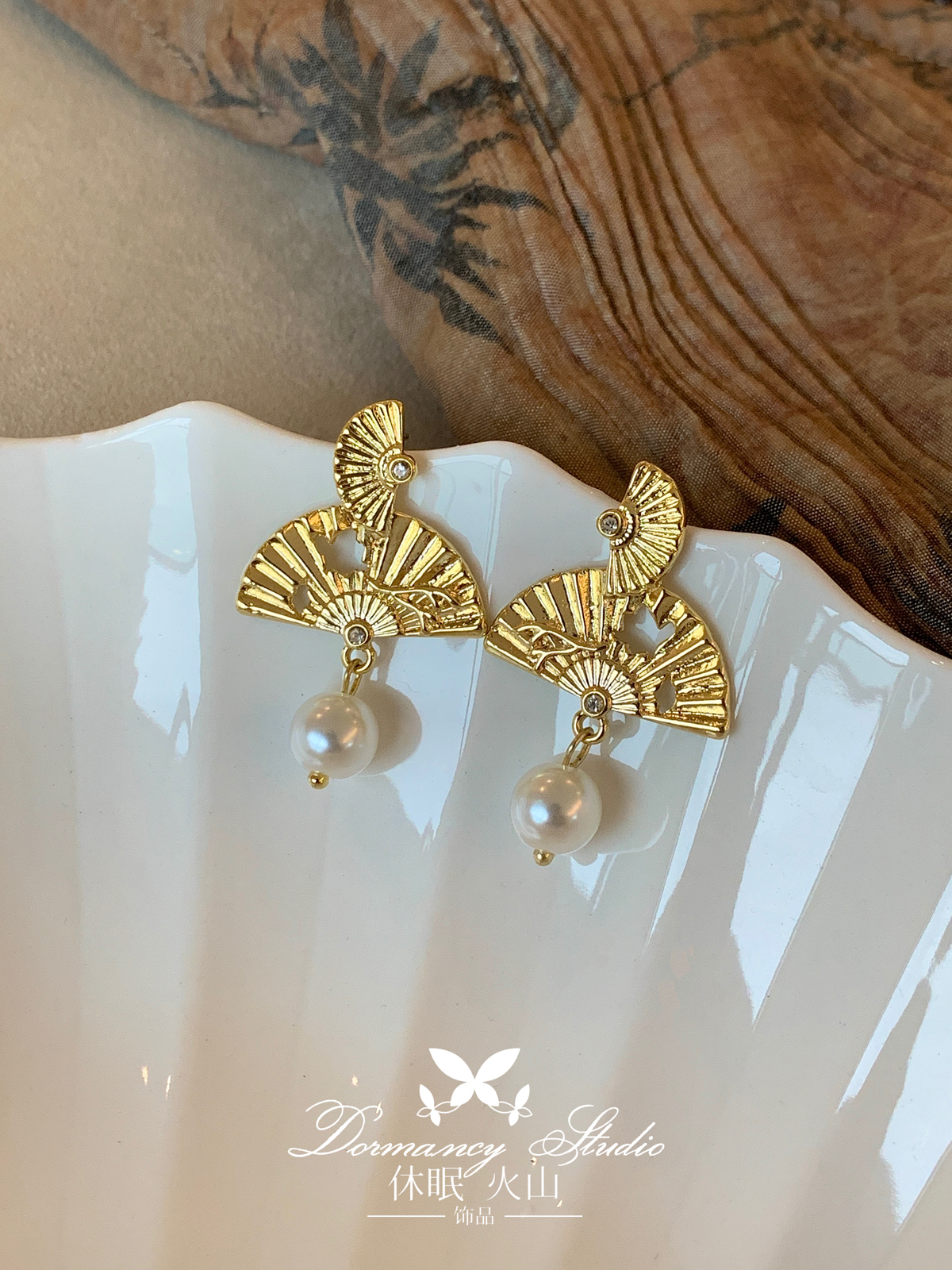 「扇之语」新中式复古风珍珠耳环高级设计感小众法式耳钉耳饰耳坠