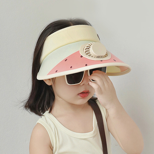 儿童帽子夏季薄款带风扇帽男女童空顶遮阳防晒帽大帽檐太阳帽凉帽