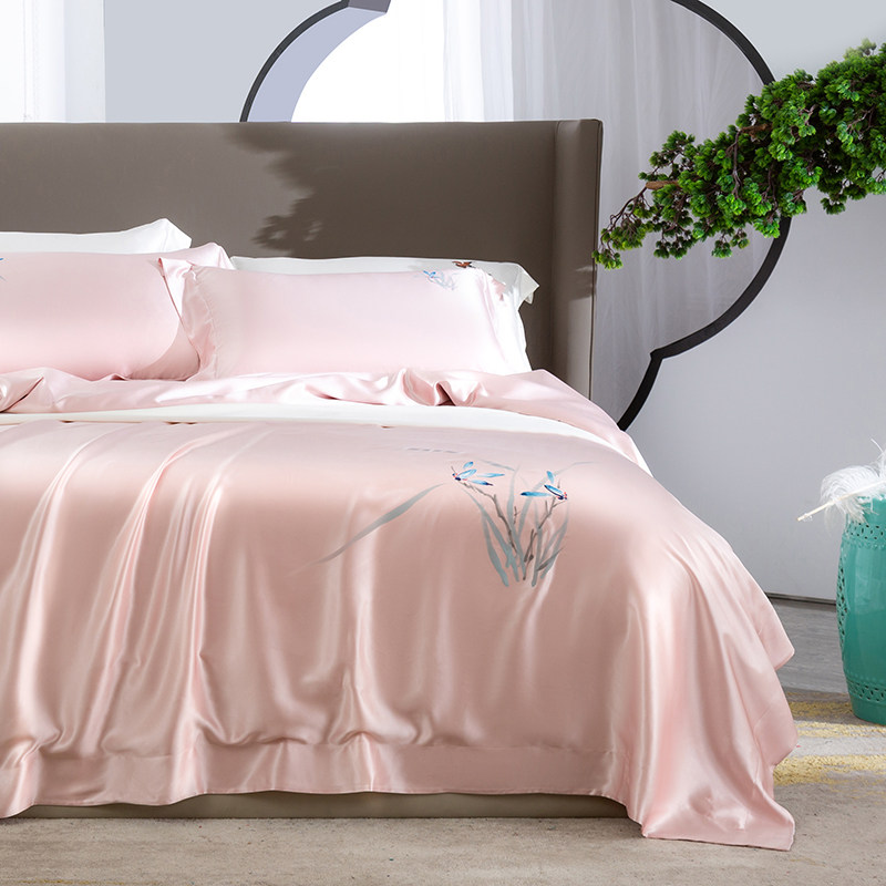 高端婚庆四件套100桑蚕丝真丝床单被套新中式国潮手绘图床上用品