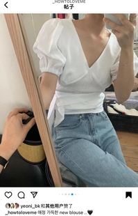 十三行2024夏季新款韩版修身显瘦绑带泡泡袖V领短款衬衫上衣女潮