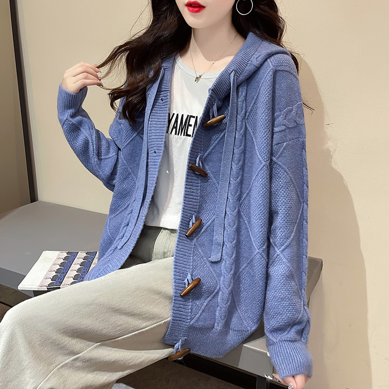 克莱因蓝麻花连帽毛衣开衫女秋冬2022新款上衣宽松外穿针织衫外套