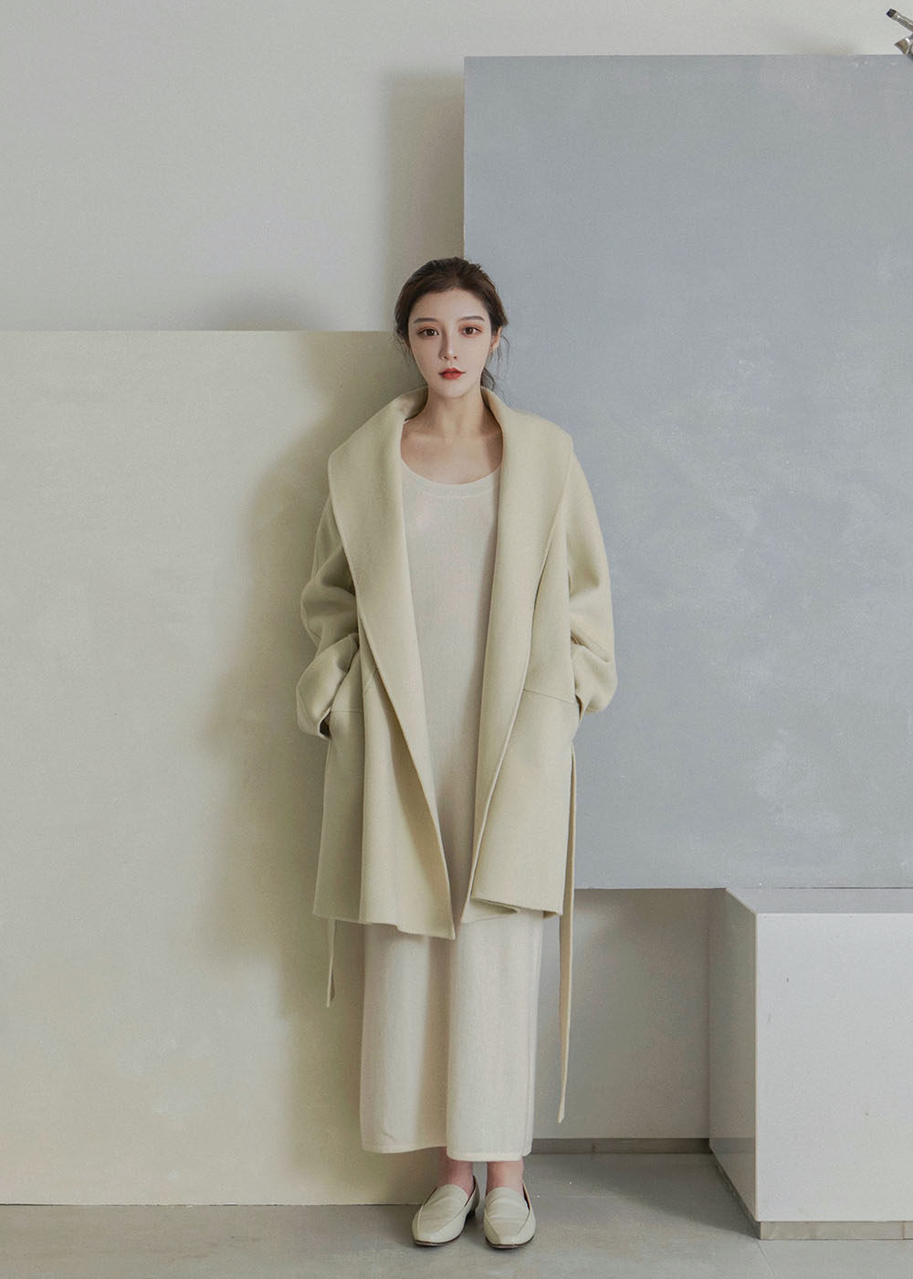 mur blanc 2020fw 茶白色羊绒双面尼翻领廓形中长款系带大衣外套