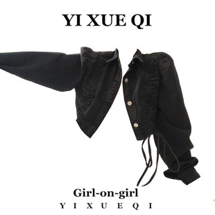 YIXQ美式风春秋款复古千禧辣妹抽绳设计短款露脐水洗牛仔布短外套