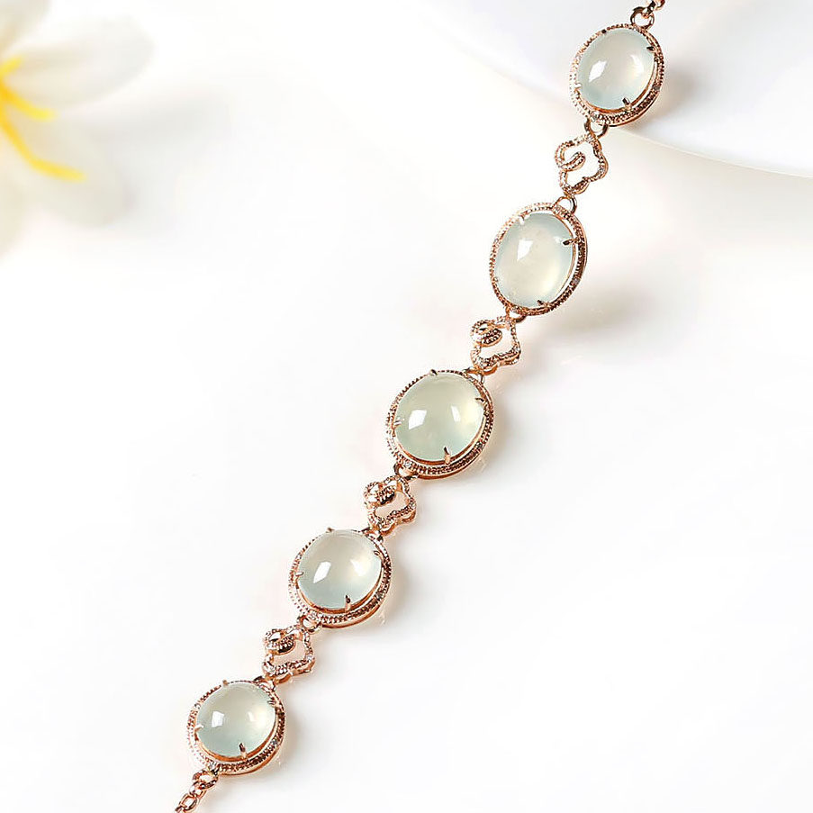 老坑冰种缅甸天然a货翡翠蛋形手链 18k金伴钻镶嵌 5.81克