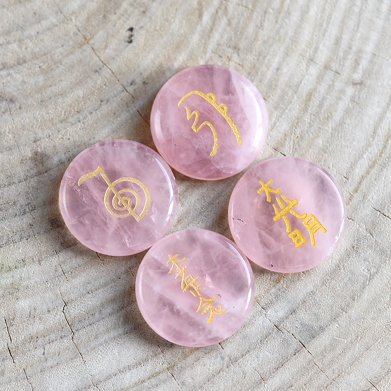 天然粉水晶玛瑙虎眼石臼井灵气符号摆件 reiki符号四件套宝石符号