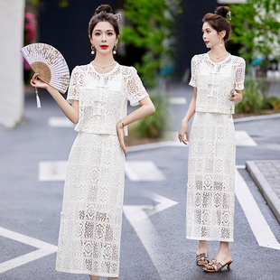 新中式国风套装裙女夏法式高级感名媛小香风镂空蕾丝半身裙两件套