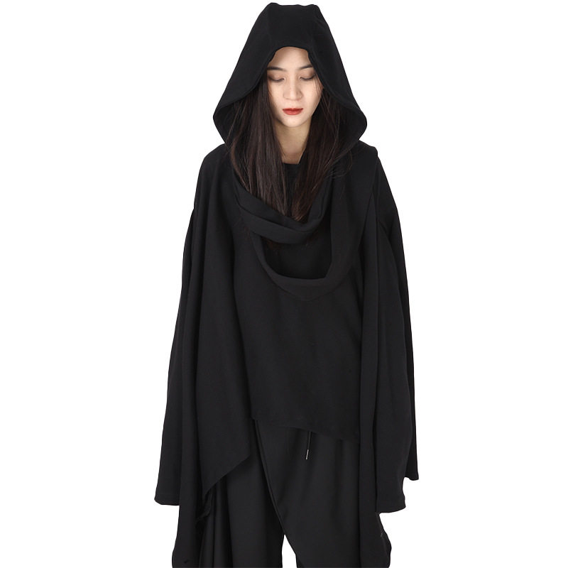 山本耀司暗黑风格日系宽松中长款潮黑色纯色春季斗篷套头男女同款