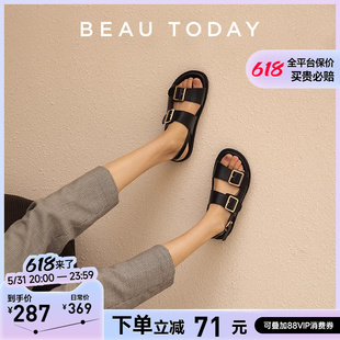 BeauToday厚底罗马凉鞋女夏平底软底真皮小众女鞋凉拖勃肯鞋黑色