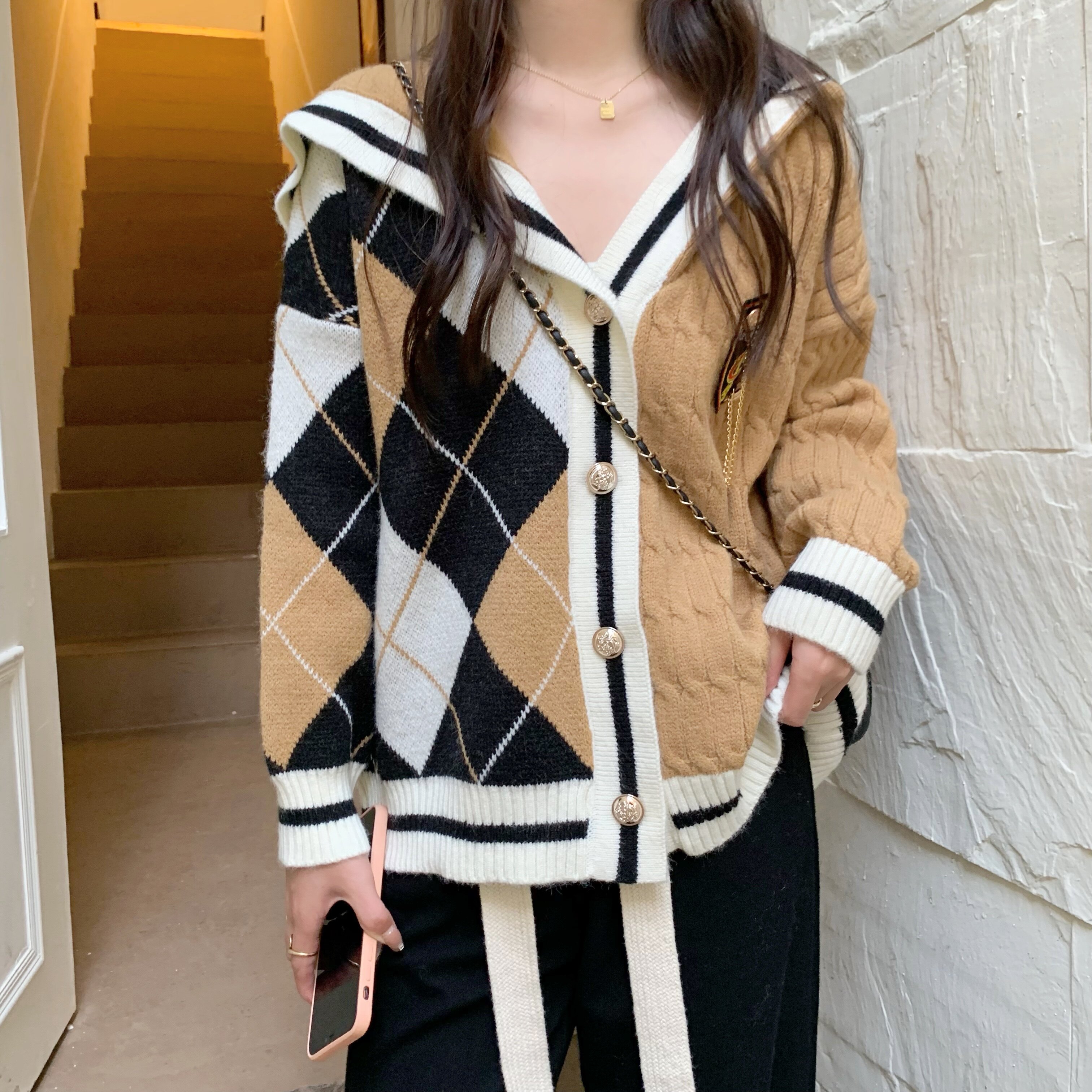 韩版设计感学院风海军领针织开衫复古菱格纹上衣女宽松毛衣外套女